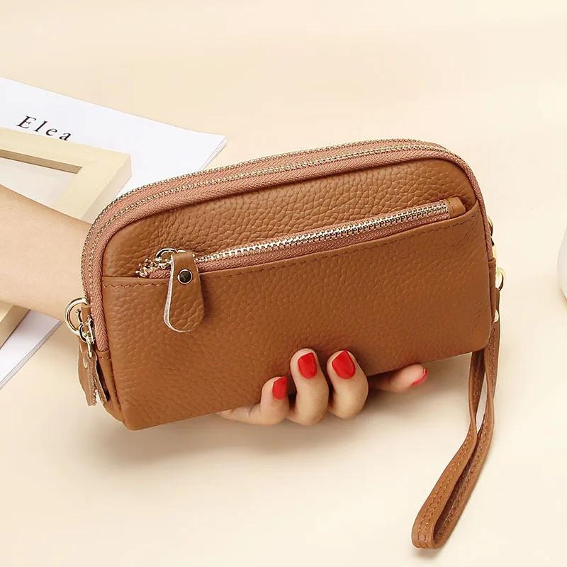 Genuine Leather Women Double Zip Wallet   Ladies Clutch Purse Cowhide Wristlet Bag Coin Purse Fashion Mobile Phone Bags