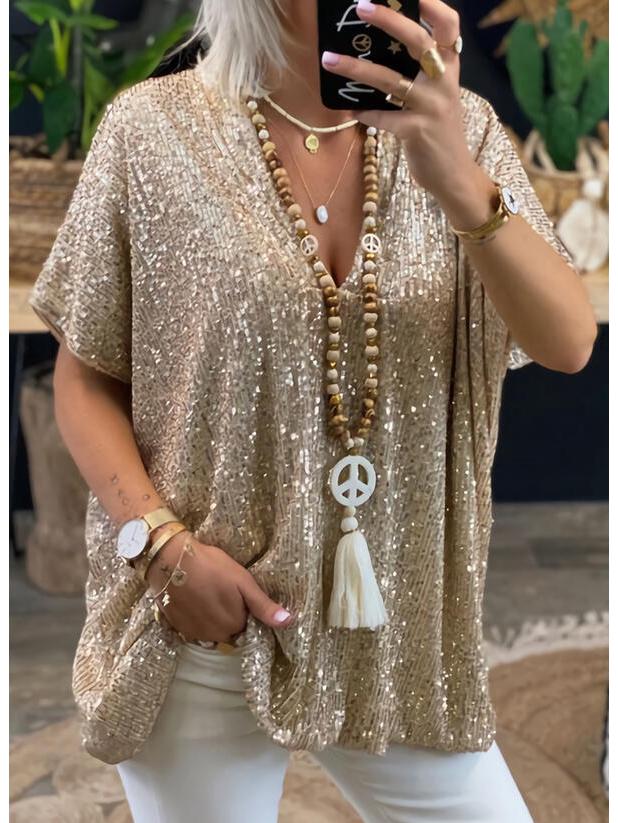 In Stock! 2021 Women's Summer Casual Loose Fit Sequin T-Shirt, Solid Color Short Sleeve Pullover