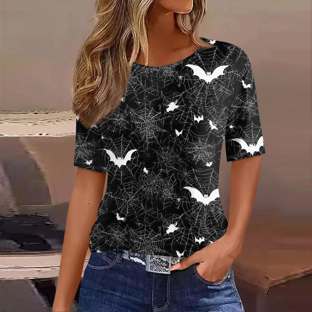 Women's Casual Short Sleeve Pullover Top Halloween Bat Pumpkin Print Round Neck Lightweight Shirt for Everyday Wear