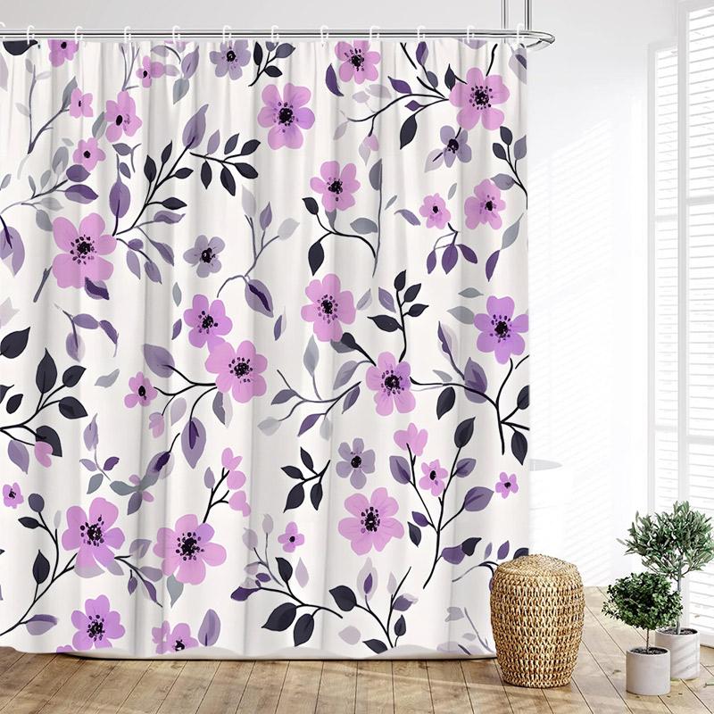 Colorful Floral Shower Curtain Watercolor Flower Leaves Modern Minimalist Bath Curtain Polyester Cloth Bathroom Decor with Hooks