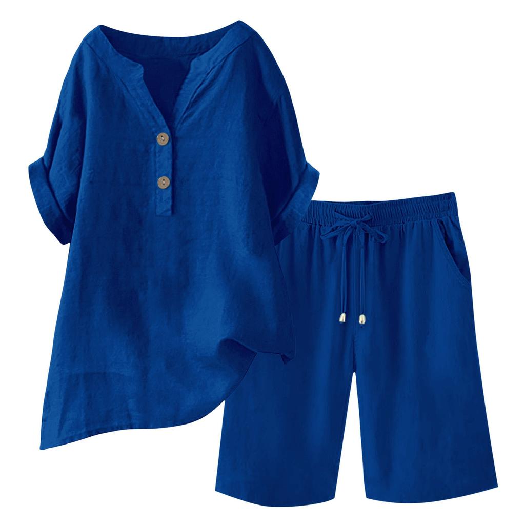 Bomull Linne 2-delade outfits för kvinnor Kortärmad V-ringad topp Vida ben Shorts Set Sommar Vardaglig Lös Lounge Set