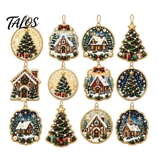 Festive Home Decoration 12PCS Christmas Tree 2D Flat Pendant, Pearl Acrylic Art Kits, Bright Fireplace Holiday Decor Color Classic Patterns