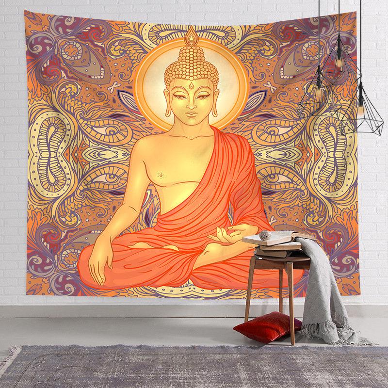Golden Buddha Statue Tapestry Wall Hanging Black Gold Mandala Boho Spiritual Aesthetic Wall Art Bedroom Living Room Decor