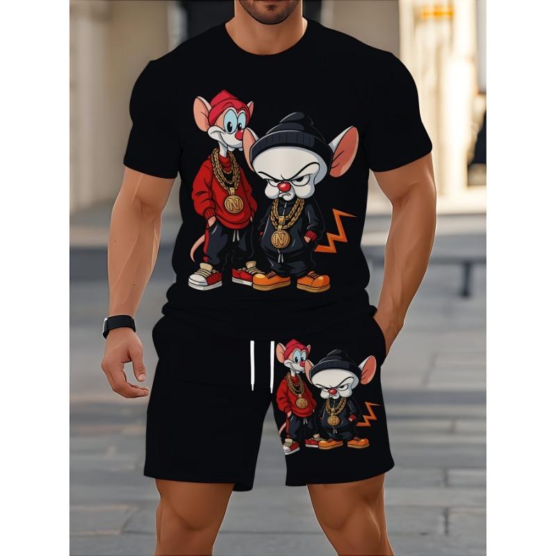 Summer trendy cartoon mouse print short-sleeved shorts suit S