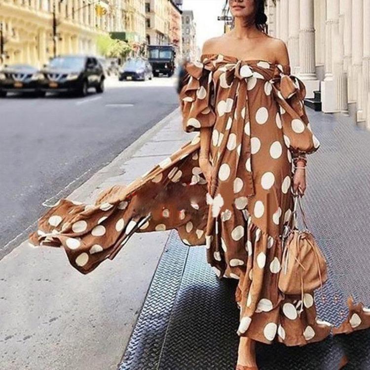 2025 European American Style Bohemian Off Shoulder Polka Dot Maxi Dress