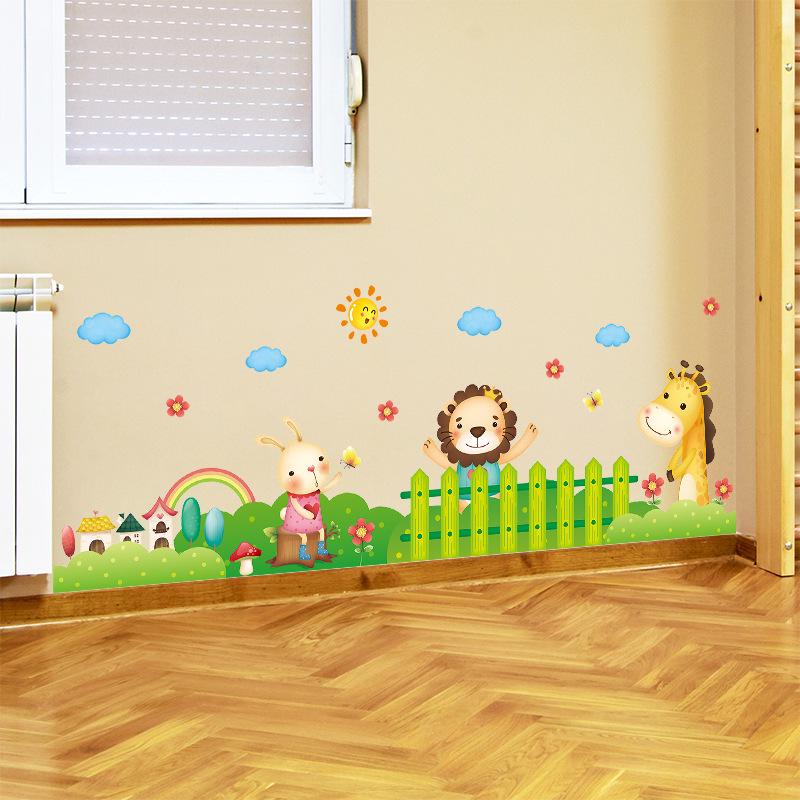 Happy Animal Wall Stickers for Kids Room Waterproof PVC Removable Mural Nursery Living Room Home Decor Skirting Board Decals