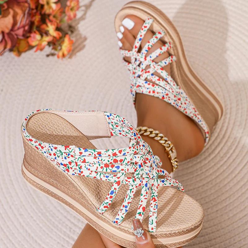Fashion Luxury Women Sandals Floral Print Chunky Platform Women Shoe Plus Size Cross Strap Open Toe Sandals Ladies Non Slip Wedge Sandal
