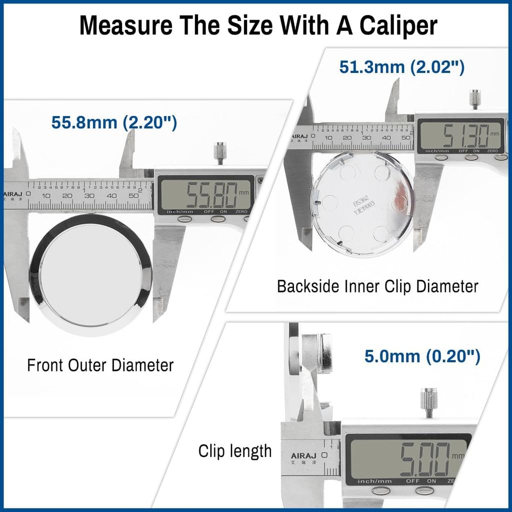 2.2IN 56MM Wheel Center Hubcaps Universal Center Cover Replacement-4Pcs Chrome Silver, Outer 2.2in/55.8mm, Inner 2.02in/51.3mm
