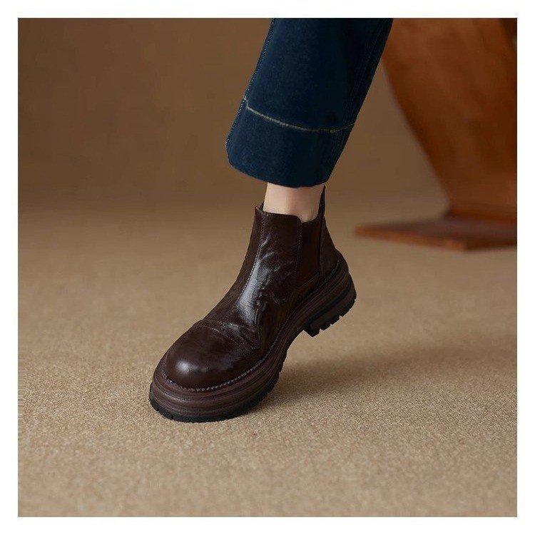 

Real soft leather platform British style chell shoes short boots women s 2025 autumn new round head short boots Martin boots women s trend 40 коричневый