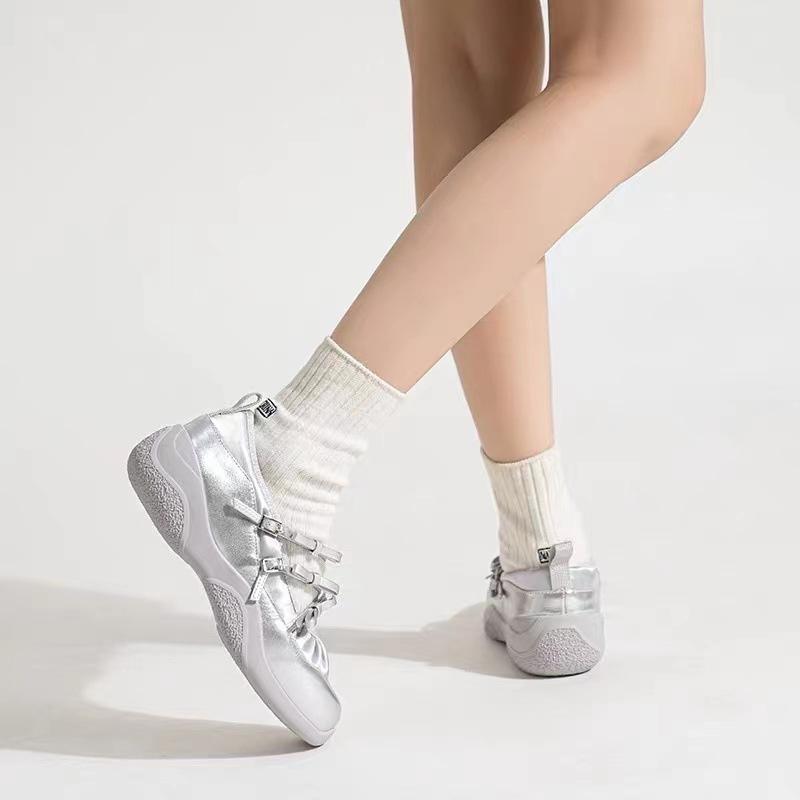 Modne Srebrne Buty Mary Jane dla Kobiet Trampki Modne Eleganckie Kokarda Pasek Krzyżowy Klamra Codzienne Miękka Skóra Platforma Buty Baleriny