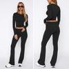 2 Teile/Satz Damen Oberteile Hosen Set Rundhals Einfarbig Lange Ärmel Slim Fit T-Shirt Niedrige Taille Ausgestellte Saum Hose Lässiges Sport Outfit