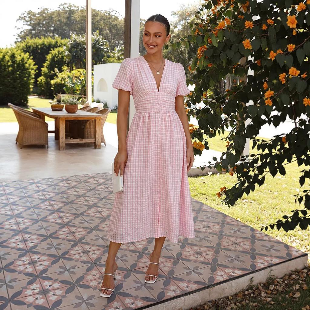 Women Gingham V Neck Puff Sleeve Midi Dress Multi Color Casual Summer Dress