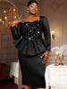Plus Size Black Rhinestone Square Neck Ruffled Bodycon Evening Dress for Women