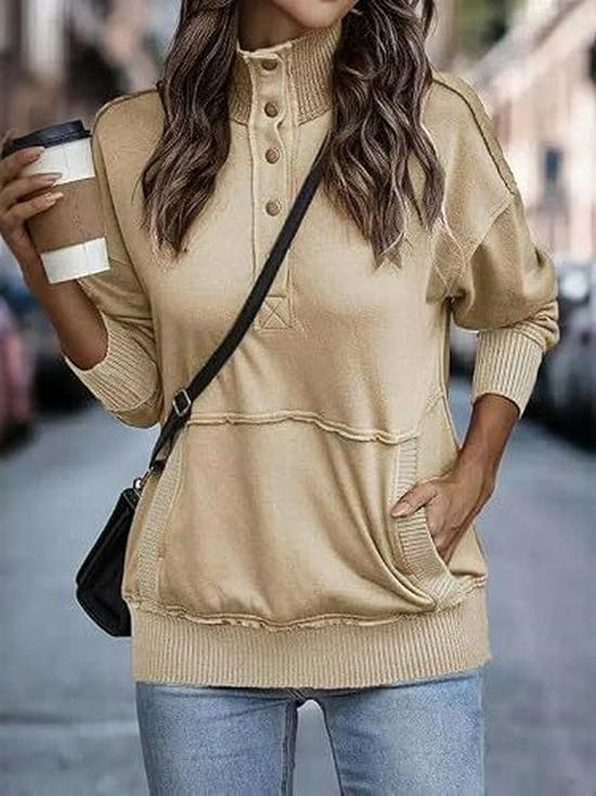 Autumn-Winter Women's Long Sleeve Buttoned Stand Collar Hoodie