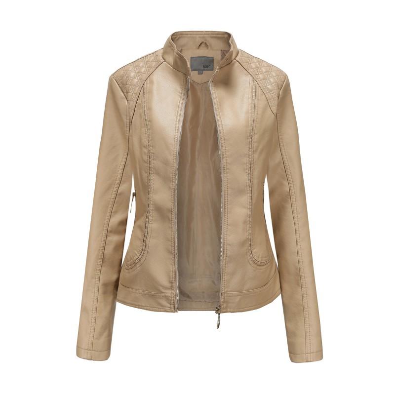 Womens PU Leather Jacket Slim Fit Stand Collar Plus Size Fashion Outerwear Daily Wear