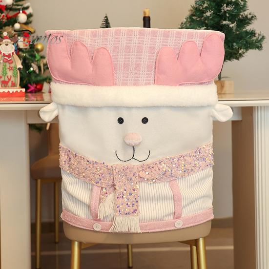 Christmas Chair Cover Santa Snowman Reindeer Chair Back Cover Pink Sequined Chair Slipcover for Dining Room Kitchen Hotel Party Decor