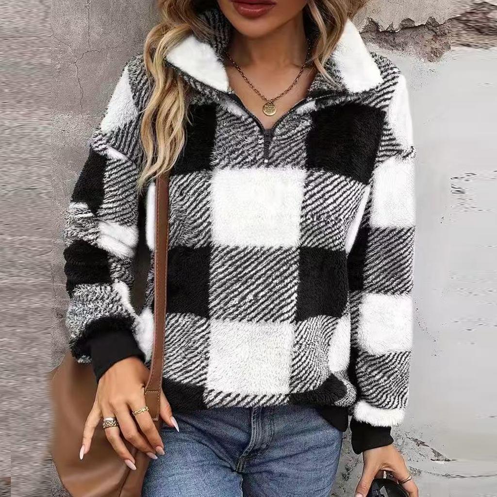 Women's Fashion Casual V-neck Zipper Solid Color Long Sleeve Pullover Top