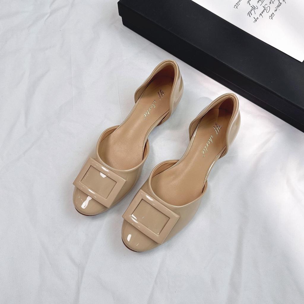 Height increase 4CM paint square buckle patent leather hollow single shoes women's 2025 new Xiaoxiangfeng round head shallow mouth flat shoes