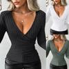 Women's V Neck Long Sleeve Top Slim Fit Street Style Ribbed Knit Wrap Blouse With Side Button Detail