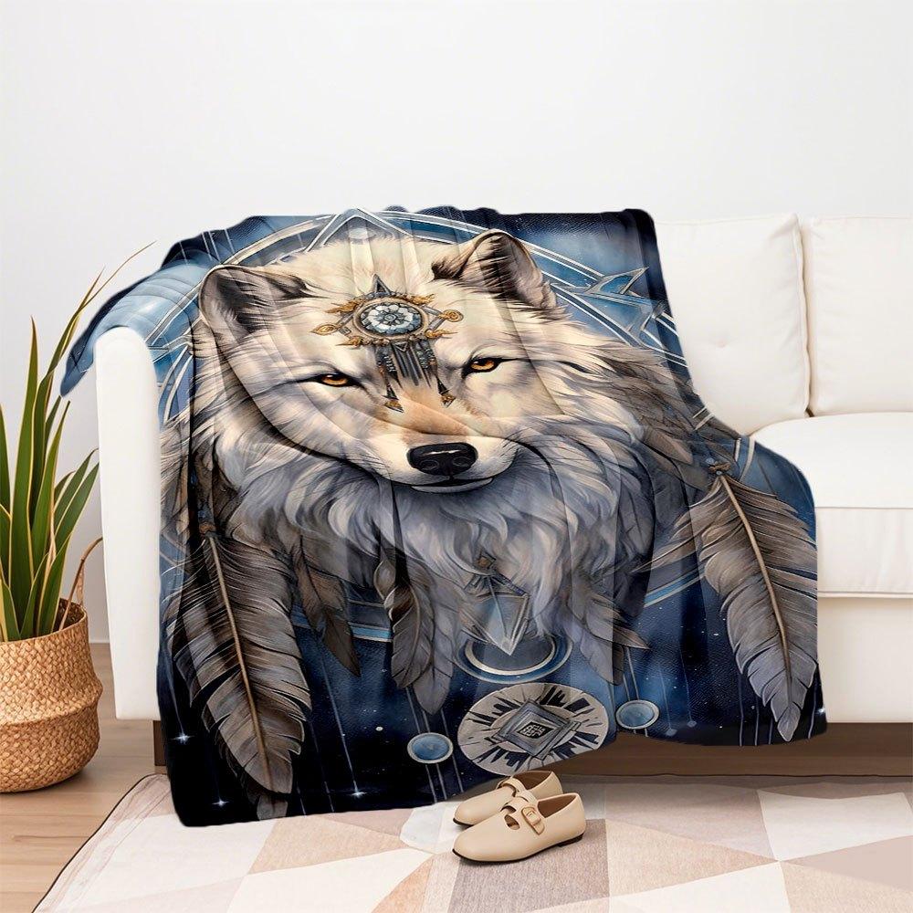"White Wolf Spirit Dreamcatcher Wall Art Print"Blanket Flannel Throw Blanket for Sofa, Bed, Travel, Camping, Office, Couch, Chair, And Bed G
