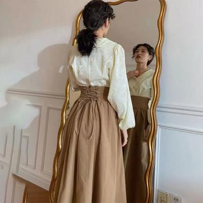 Dark Brown Vintage Maxi Skirt Women Harajuku Pocket Lace Up Long Skirts Summer Fall Clothes Korean Fashion