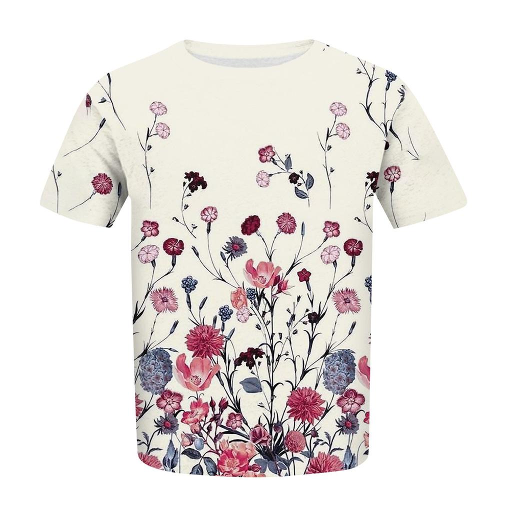 Damen-Kurzarmshirt, Rundhalsausschnitt, Übergröße, T-Shirt mit Blumenmuster, lässige Oberteile