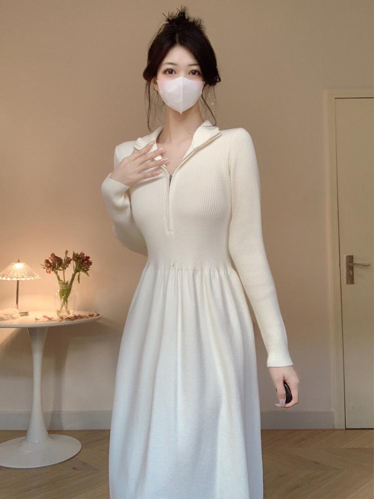 Black Sweet Slim Long Sleeved Dress Knitted Female Autumn New Elegant Patchwork Pleated Dresses V-neck Fashion Sense Clothing Streetwear Winter