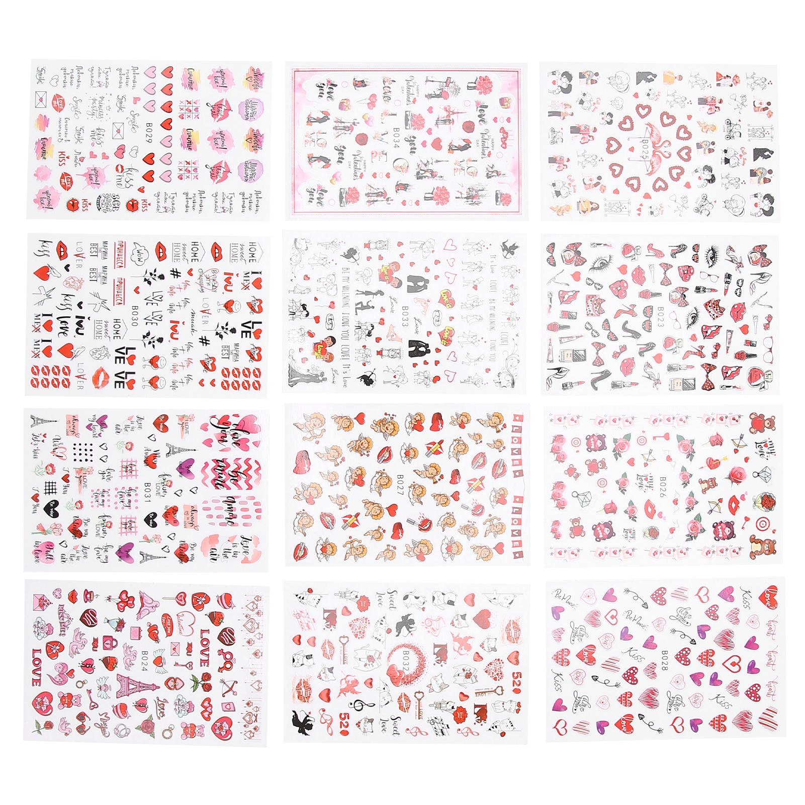 

12 листов наклейки для дизайна ногтей на День святого Валентина красные губы в форме сердца наклейки для ногтей украшения