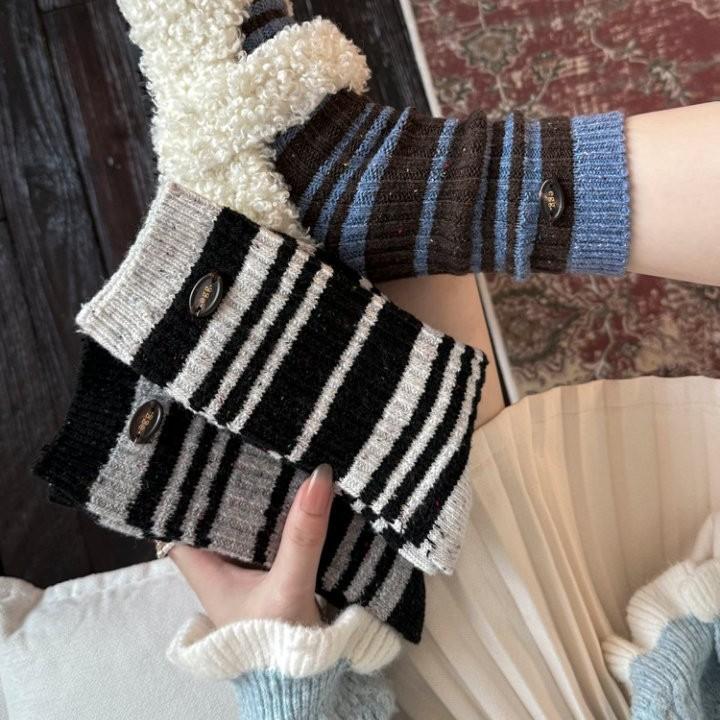 Women's Winter Thickened Trend Button Striped Wool Medium Tube Pile Socks
