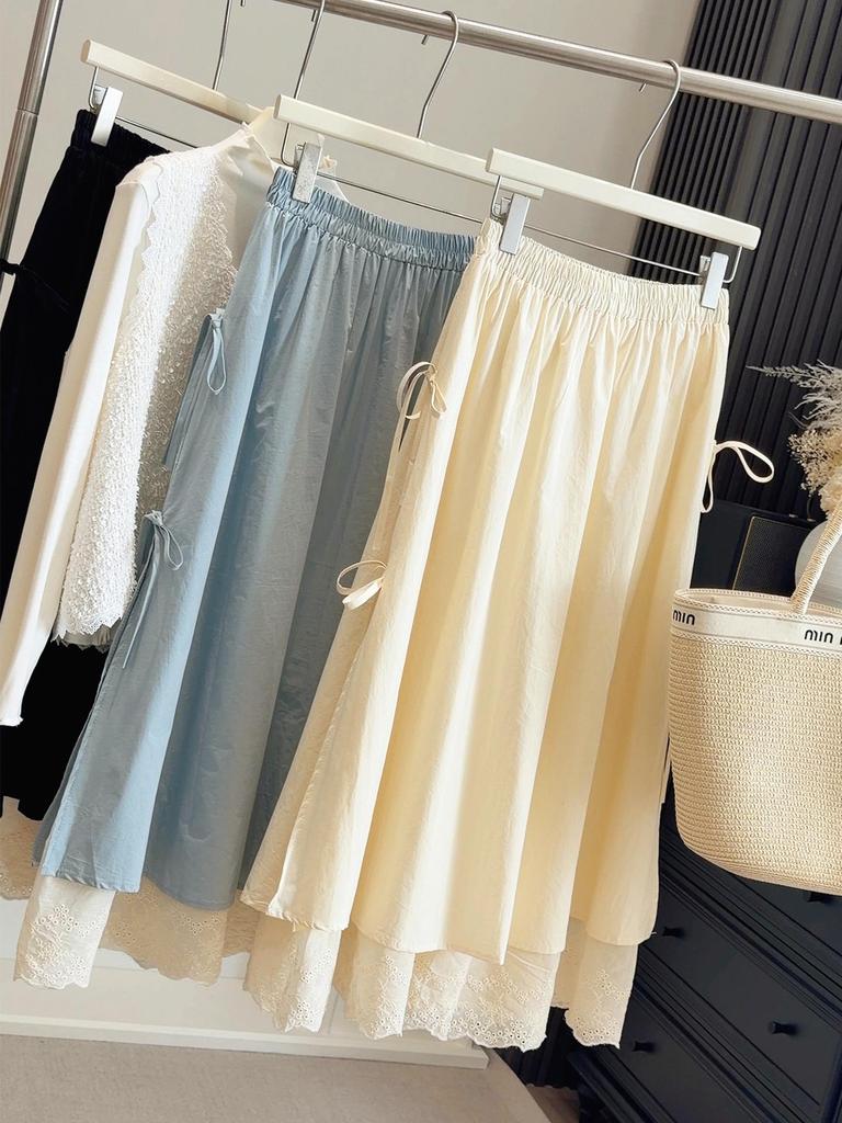 Elegant Spring 2026 Bow High-Waisted A-Line Skirt with Lace Trim