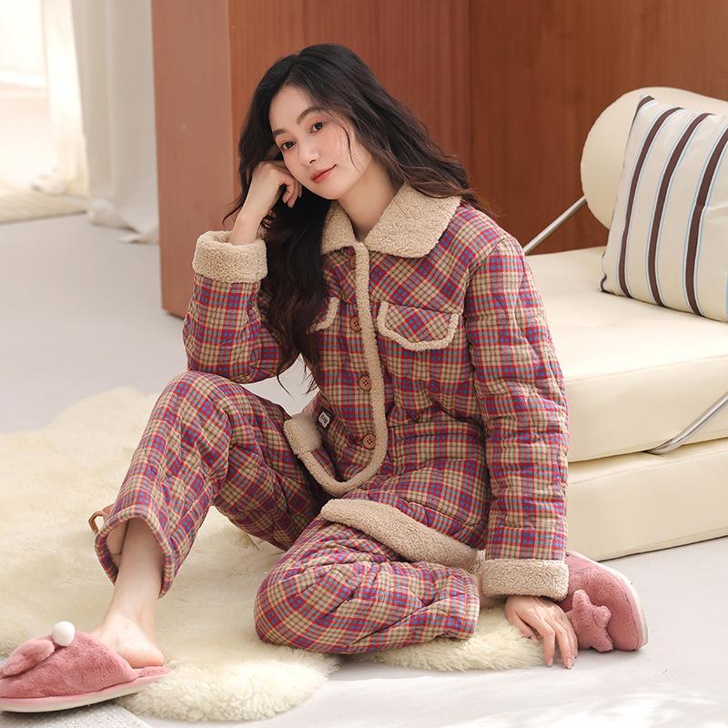 Pajamas Women'S Winter Three-Layer Thickened Velvet Woven Pure Cotton Padded Cotton Winter Padded Jacket Homewear Warm Suit