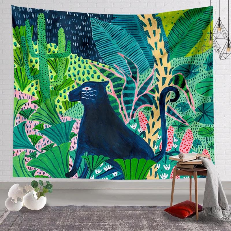 Animal King Forest Tiger Tapestry Wall Hanging Tropical Palm Plant Flower Bohemian Tapestry Home Decoration Yoga Mat Blanket