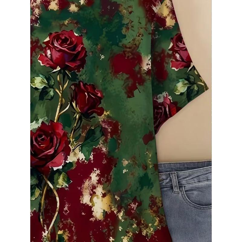 Popular Retro Rose Flower Women's Clothing 3D Digital Printing Spring and Summer T-shirt Bohemian and Romantic Style