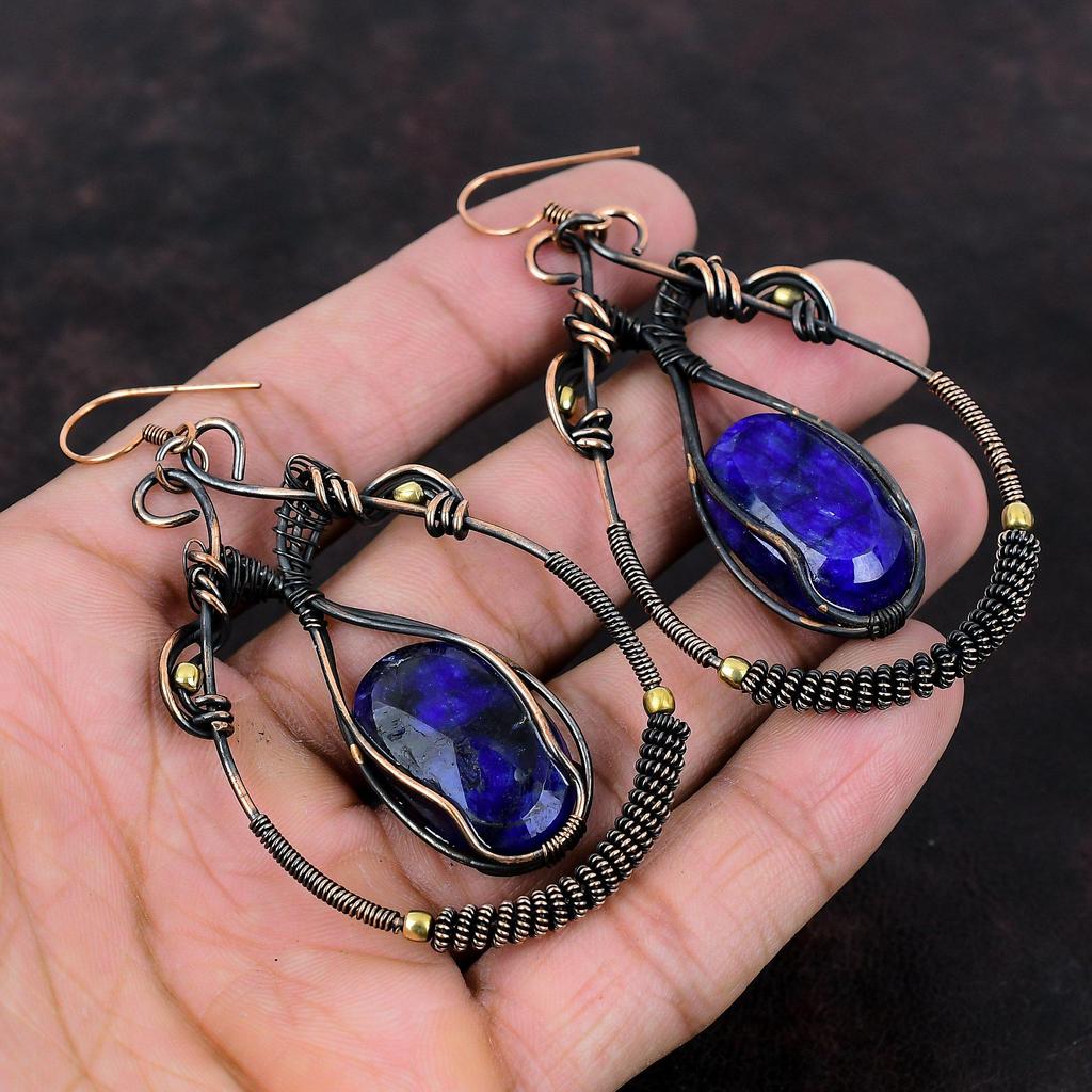 Faceted Blue Sapphire Earring Copper Wire Wrapped Earring Gemstone Handmade Earrings Copper Wire Jewelry Brand New Earring Anniversary Gift