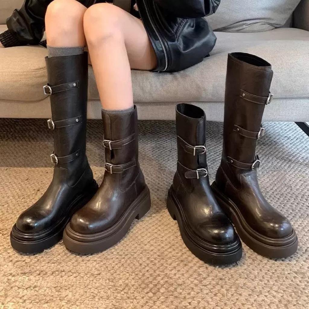 Cowhide Su Yinyin 6cm thick-soled but knee boots women's autumn and winter belt buckle thin boots western knight boots