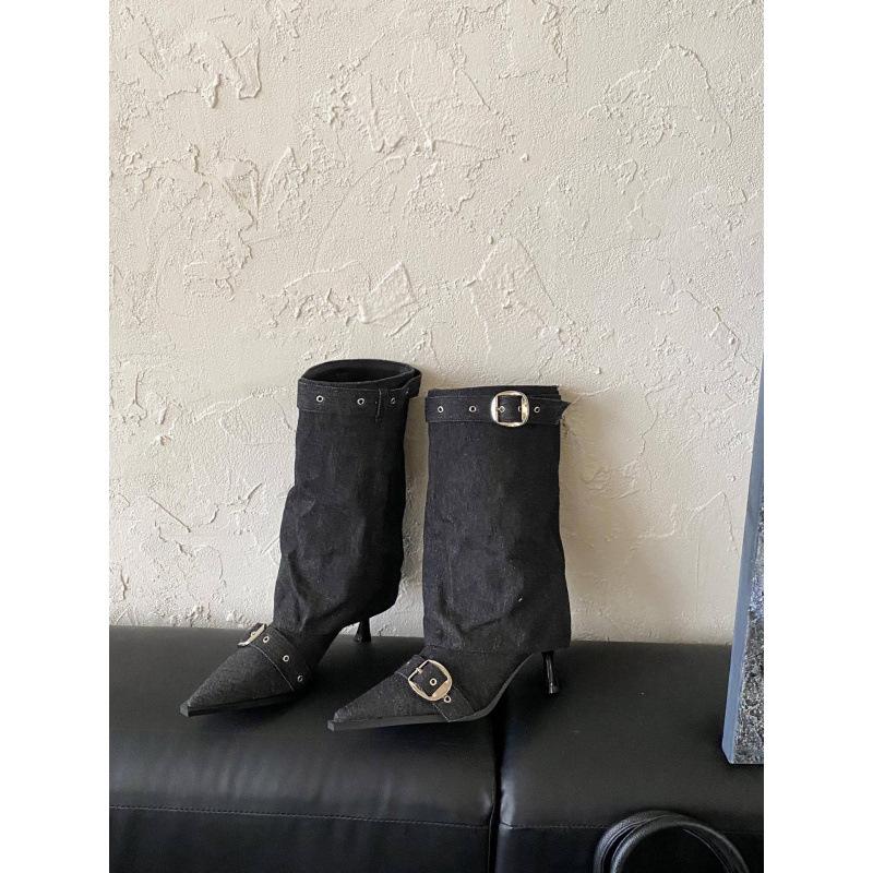 2025 Autumn European and American Style Belt Metal Buckle Pointed Head High Heel Wide Tube Thin Heel Boots