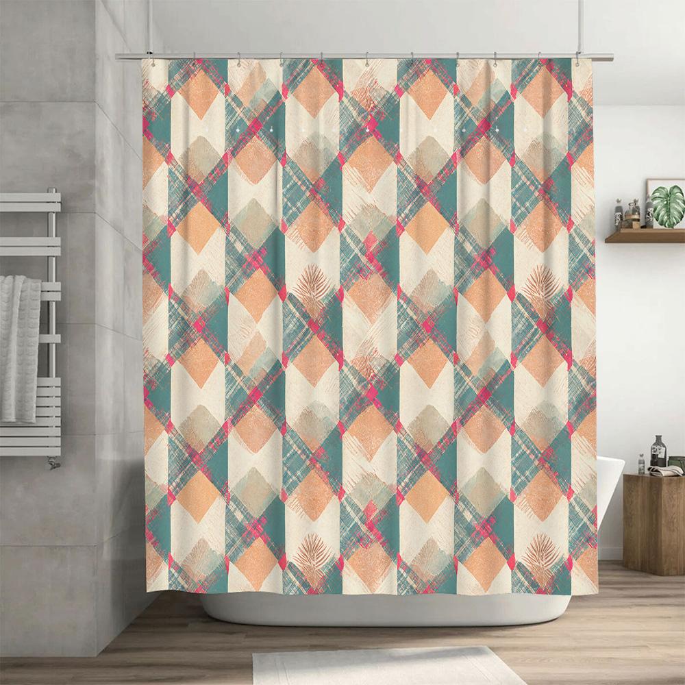 Patterned Bath Shower Curtain Set Made Of Waterproof Fabric For Bathroom Decoration In Modern Design With Green Orange Brown Col