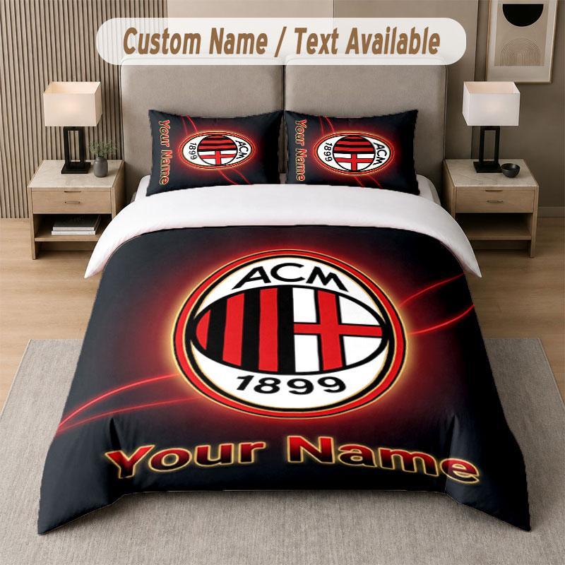 Set Biancheria da Letto Personalizzato Motivo AC Milan, Stampa Nome Testo 1 Copripiumino più 2 Federe Tessile per la Casa