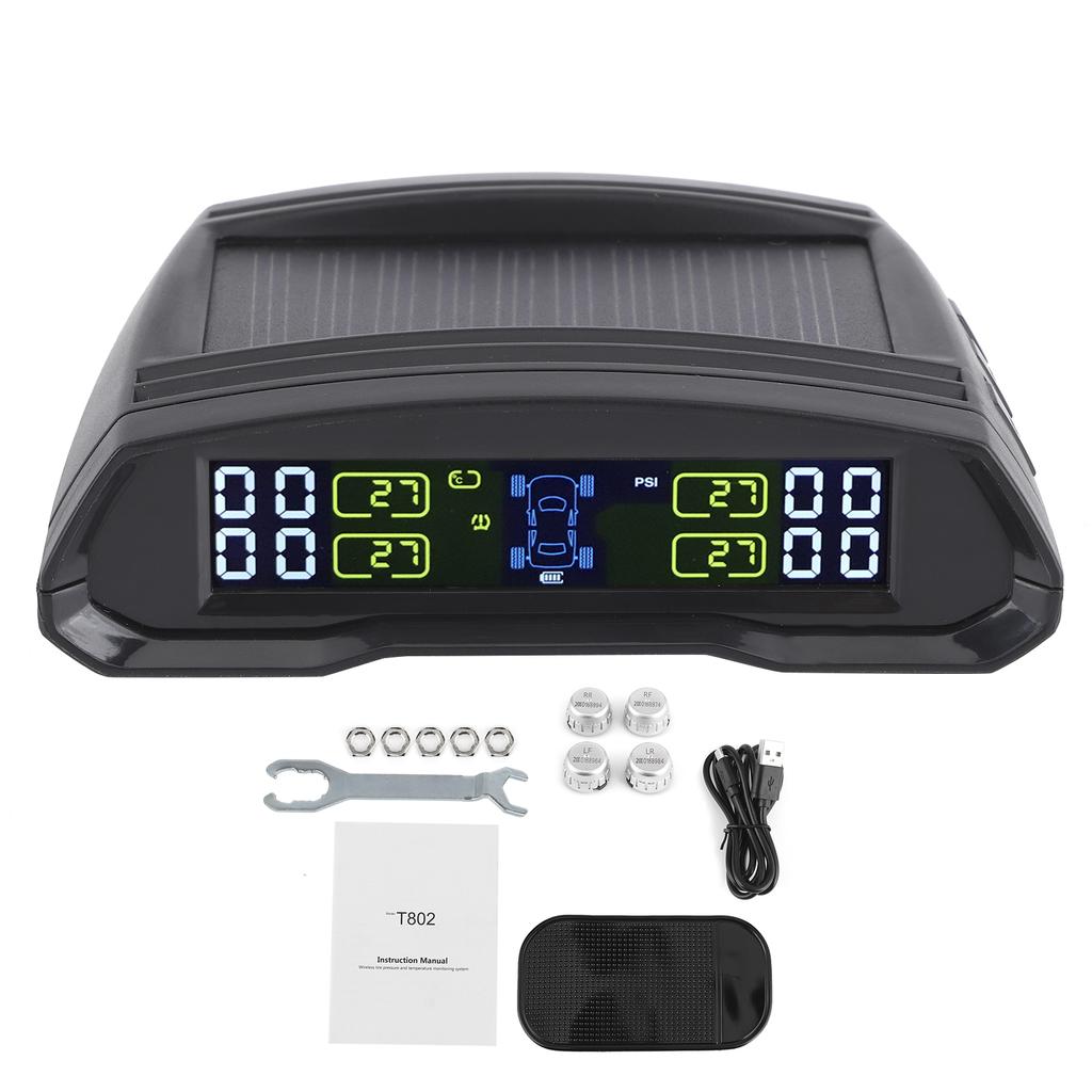 TPMS Wireless Tire Pressure Monitor Detector with 4 Sensors USB + Solar Panel Charging