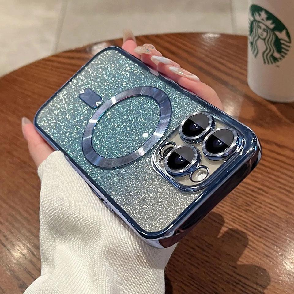 Woman Luxury Plating Glitter Case For Magsafe For iPhone 15 13 11 12 14 Pro Max Plus Accessories Magnetic Wireless Charge Cover