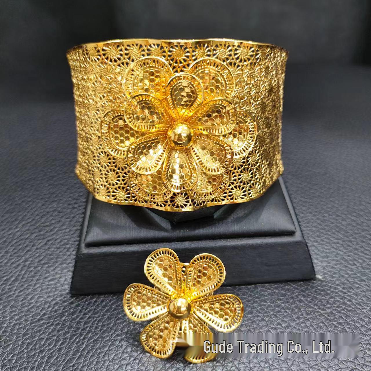 

Дубайский комплект свадебных украшений с цветочным узором, покрытый 24-каратным золотом - браслет и кольцо в этническом стиле