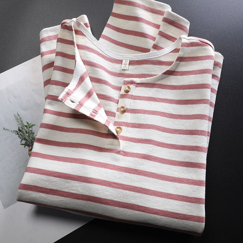 

French Style Retro Thick Polo Collar Red and White Stripes Long Sleeves T-shirt Women s Spring Half Placket Bottoming Shirt Retro Loose Cotton Bean paste red UK8