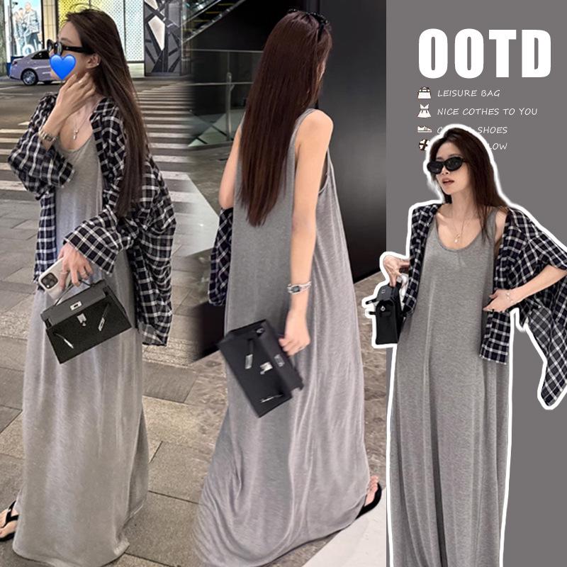 

2025 Summer Korean-Style Loose Grey Vest Dress & Plaid Sun Protection Set 2XL