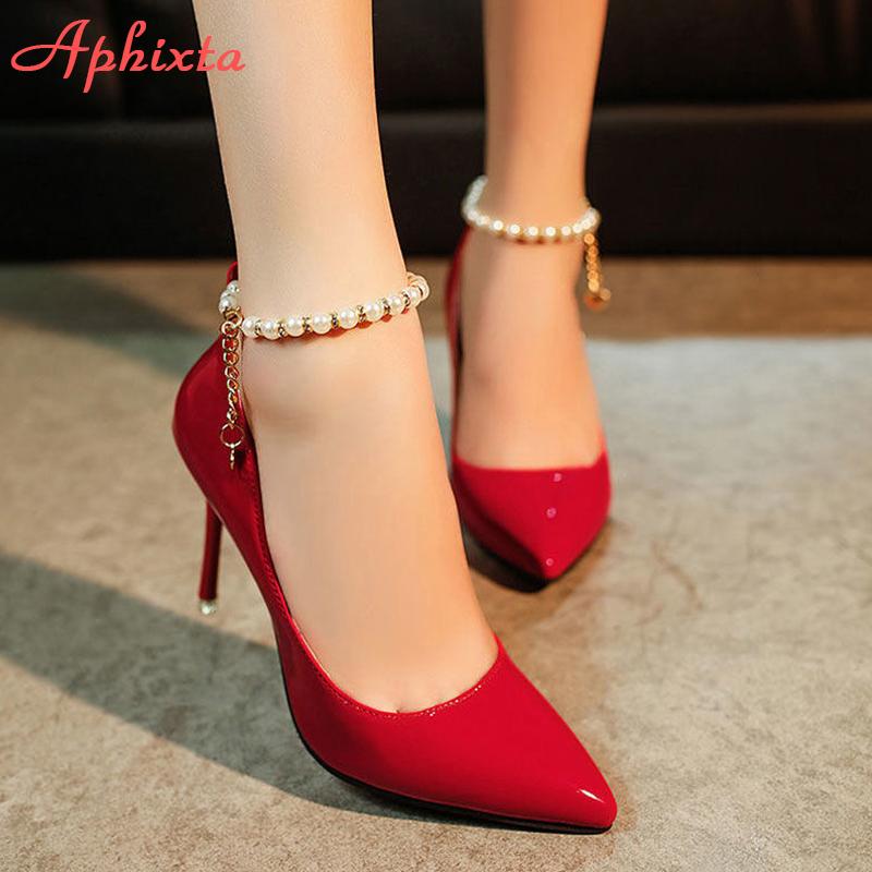 Fashion Aphixta Luxury Pearl Crystals Chain Pumps Women Shoes 10cm Super High Thin Heels Pointed Toe Patent Leather Office Stiletto Heel