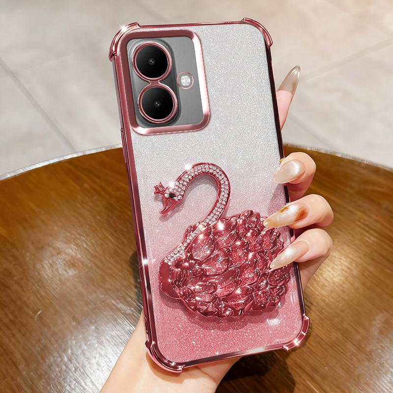 KEYSION Shockproof Plating TPU Phone Case for TECNO Spark Go 2 Pop 10 Glitter Jewelled Swan Kickstand Cover for Infinix Smart 10