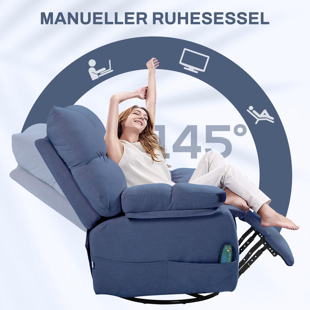 Massage Chair with Heat & Reclining Function, Swivel, up to 150 kg, Metal Frame, 98x90x98cm, Blue