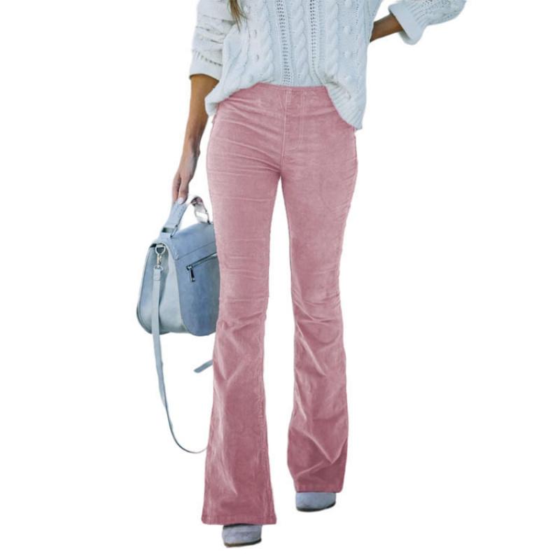 2026 Spring/Summer Women's Solid Color High-Waisted Slim Fit Slight Flare Corduroy Elastic Waist Casual Pants
