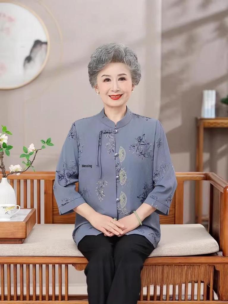 Mom's Spring & Autumn 2026 Chiffon Seven-Sleeve Shirt - New Chinese Style for Middle-Aged & Elderly Women