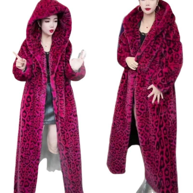 Temperament Women's Imitation Fur Leopard Print Coat Winter Furry Coat Large Size Imitation Cross Mink Coat Tide