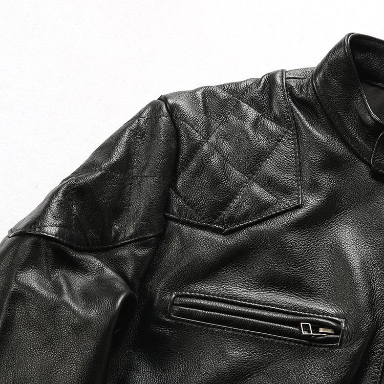 Męska kurtka ze skóry owczej, Kołnierz stojący, Skośny wzór rombów, Swobodny styl motocyklowy